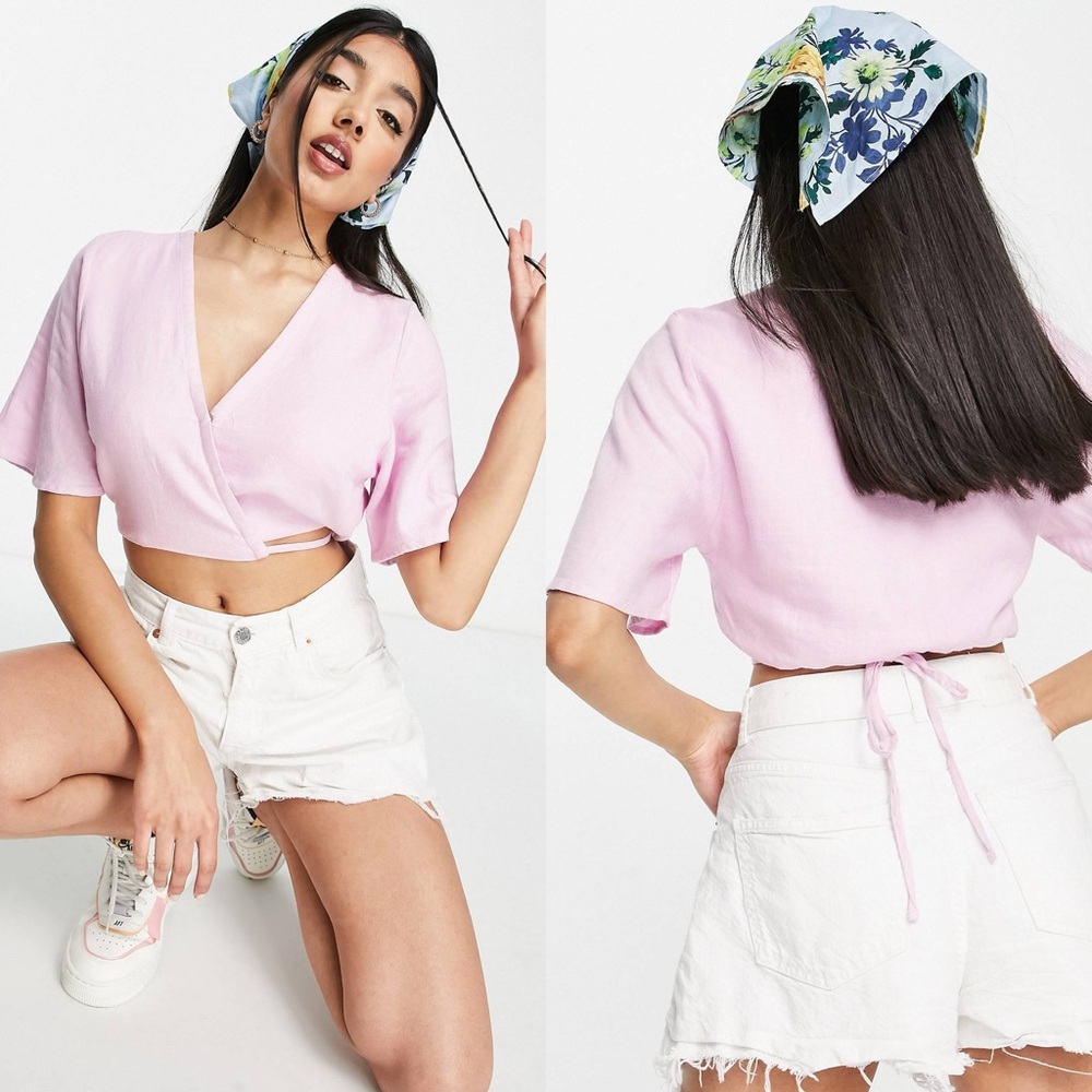Abercrombie & Fitch Wrap Around Linen Top in Pink Lavender - Picture 1 of 7
